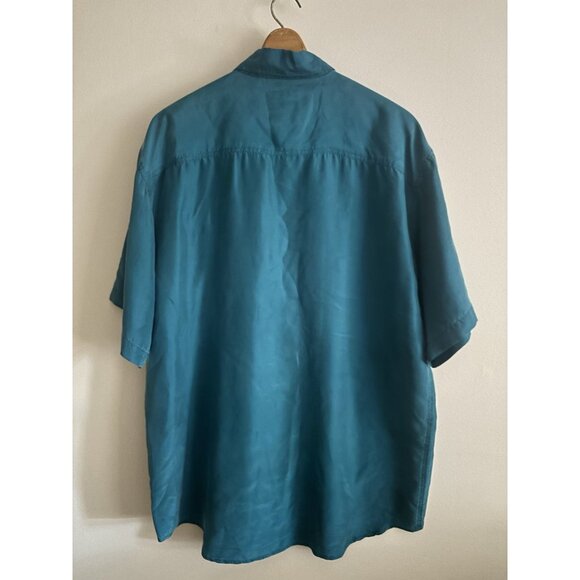 Vintage 100% Silk Turquoise Button Up Shirt Men’s Size Large Thin 90s - Picture 6 of 9